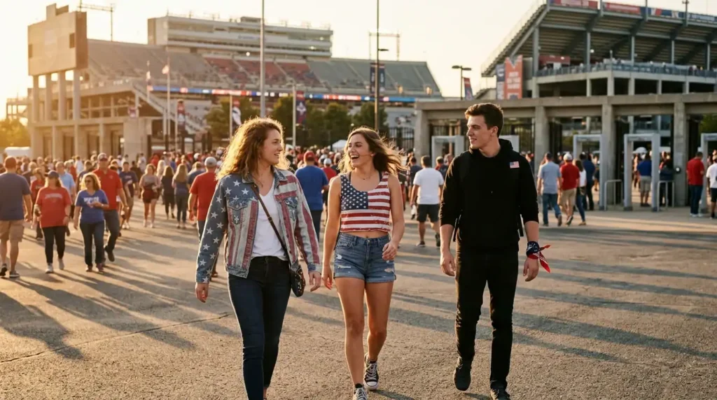 Group wearing bold usa football theme outfit ideas outside a stadium