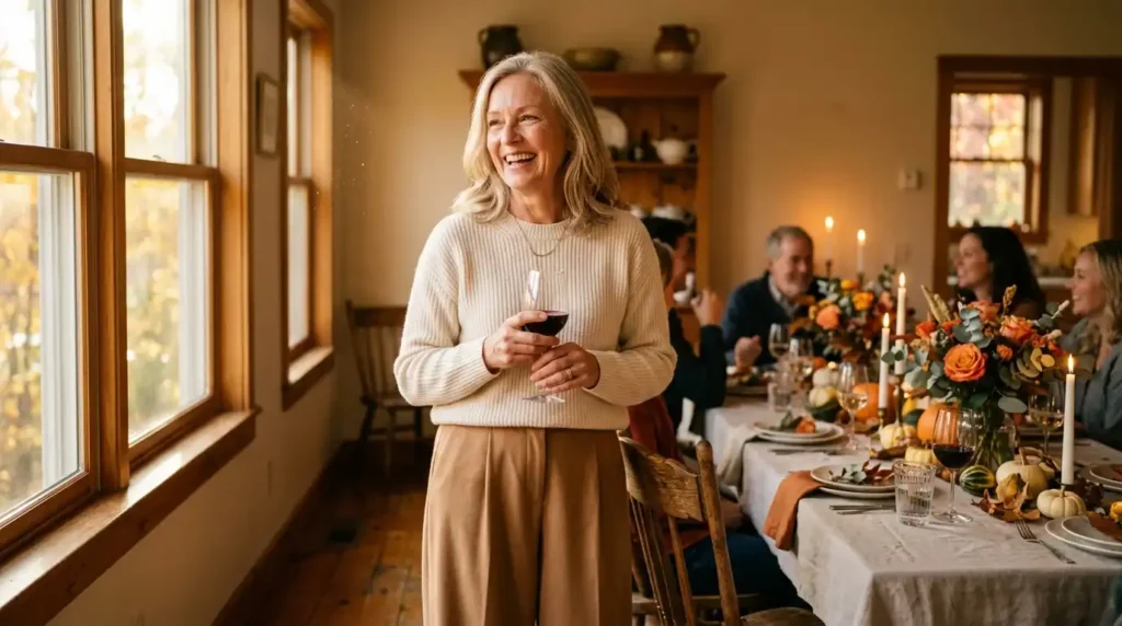 Woman wearing a casual Thanksgiving outfit of cream sweater and wide-leg pants