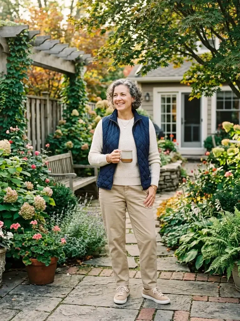 Casual Thanksgiving outfit with quilted vest and relaxed chinos