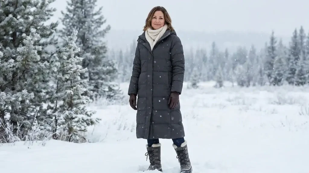 Woman dressed in extreme cold weather essentials including a puffer coat and insulated boots