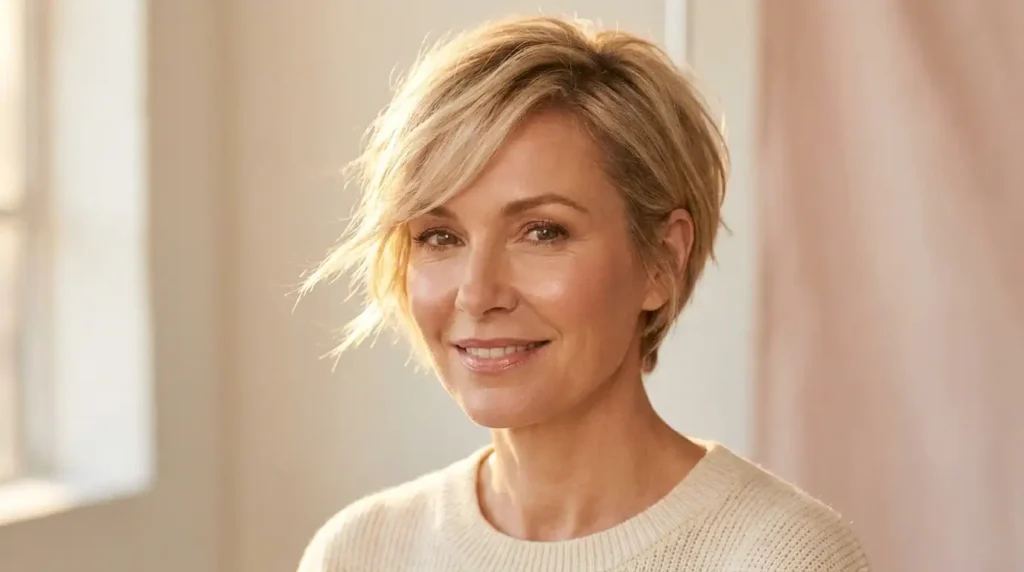 Woman with a soft feminine pixie cut in warm natural light