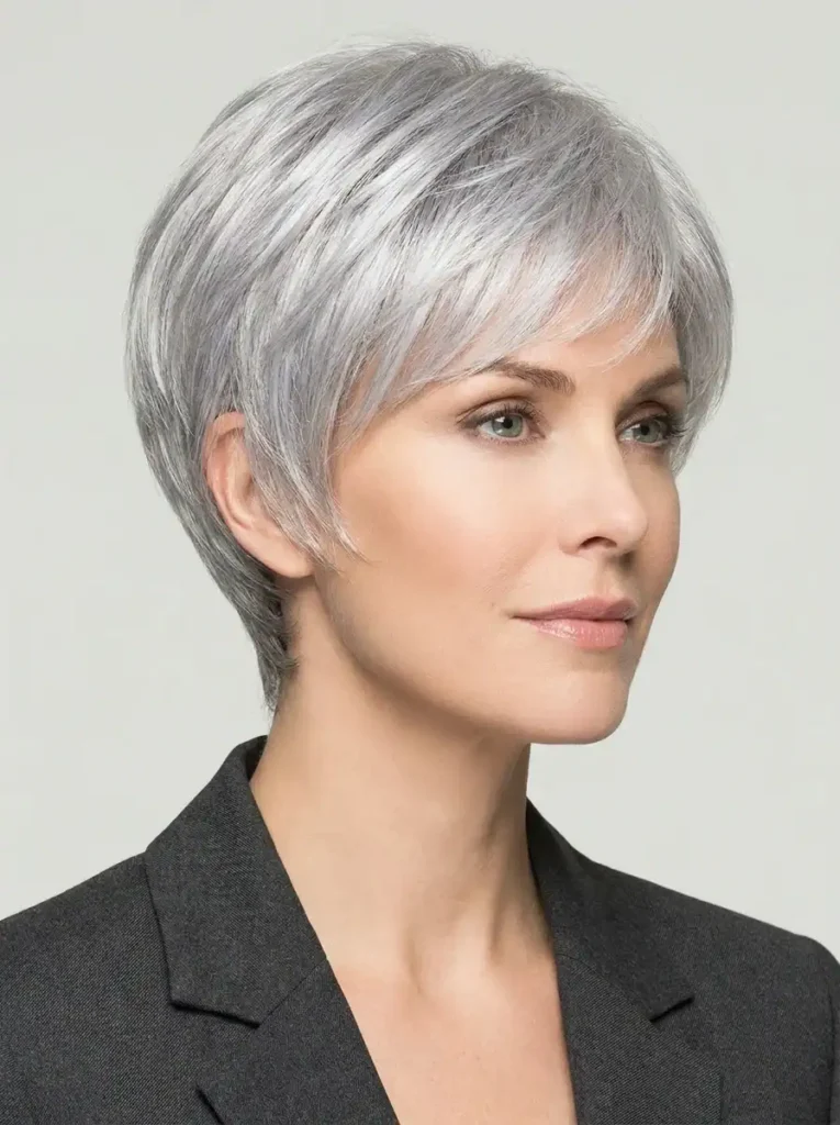 Silver feminine pixie cut with soft layering