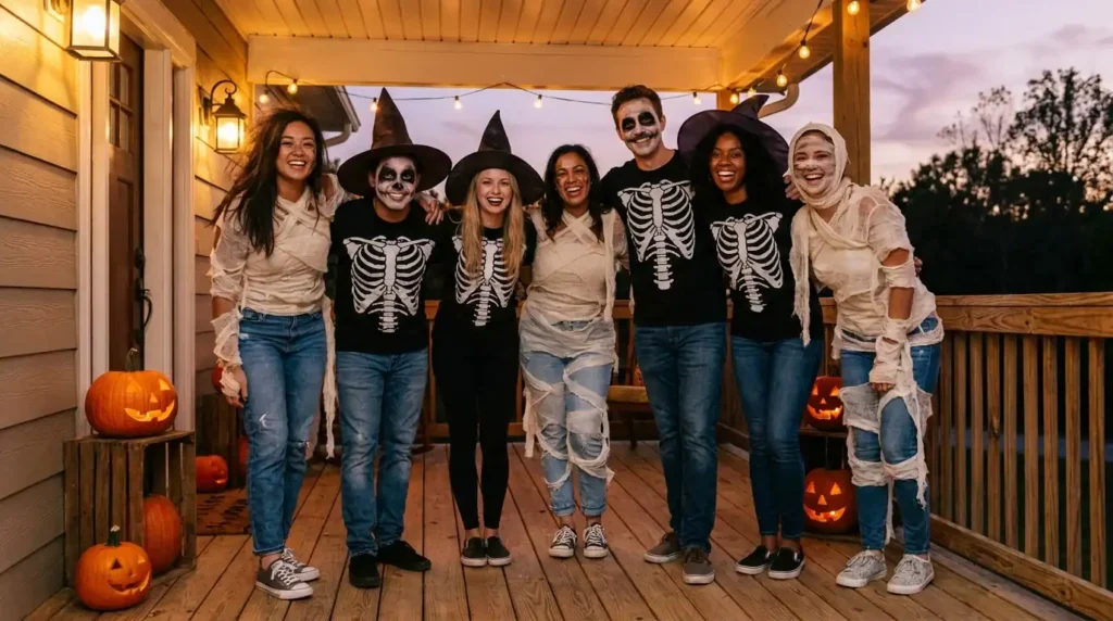 Friends in coordinated group Halloween costumes pose on a candlelit porch with pumpkins and fog