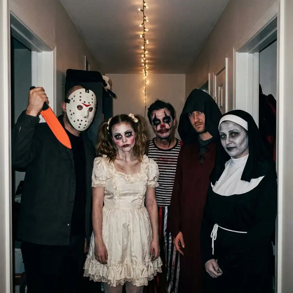 Five friends in horror villain group Halloween costumes stand in a dark flickering hallway