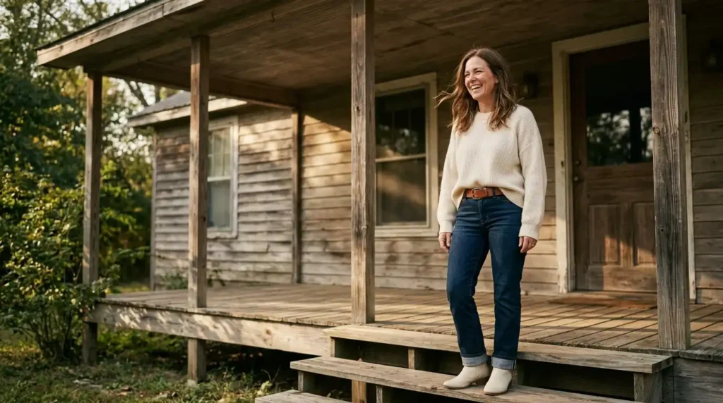 Woman over 40 wearing ivory boots outfit with jeans and cream sweater