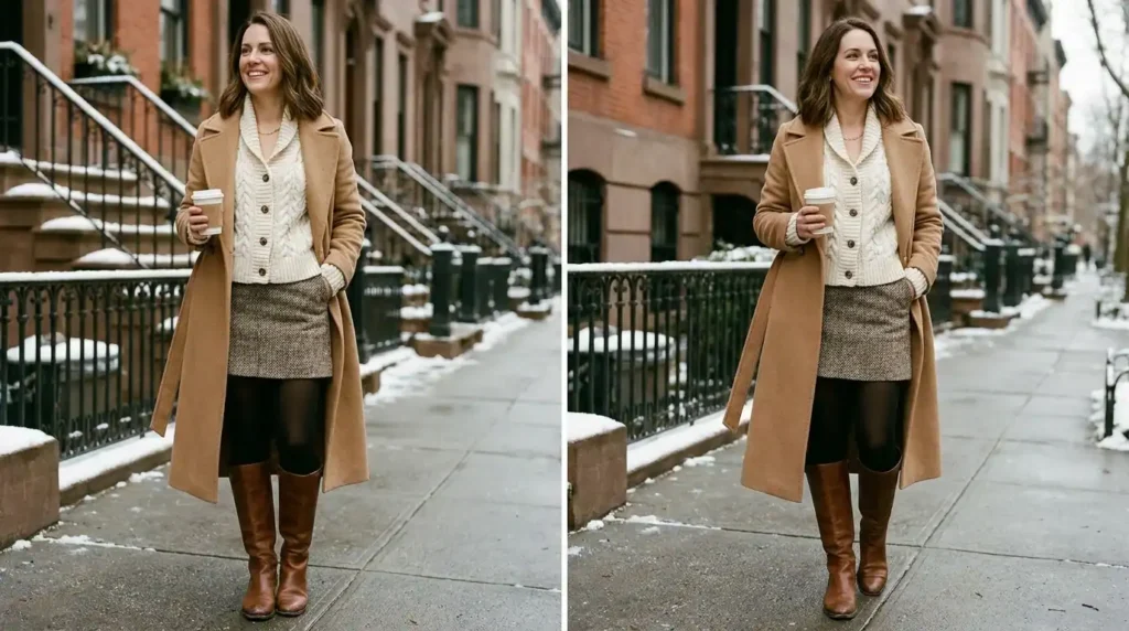 Woman over 40 wearing a layered winter mini skirt outfit with tights, coat, and knee-high boots