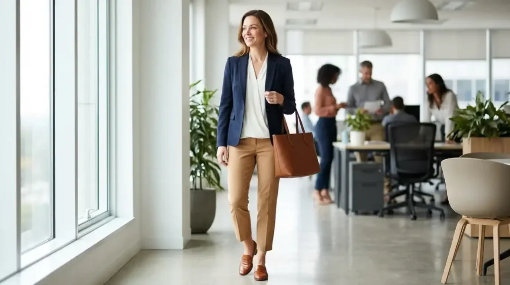 Woman over 40 in a navy blazer, ivory blouse, and camel trousers from a work capsule wardrobe