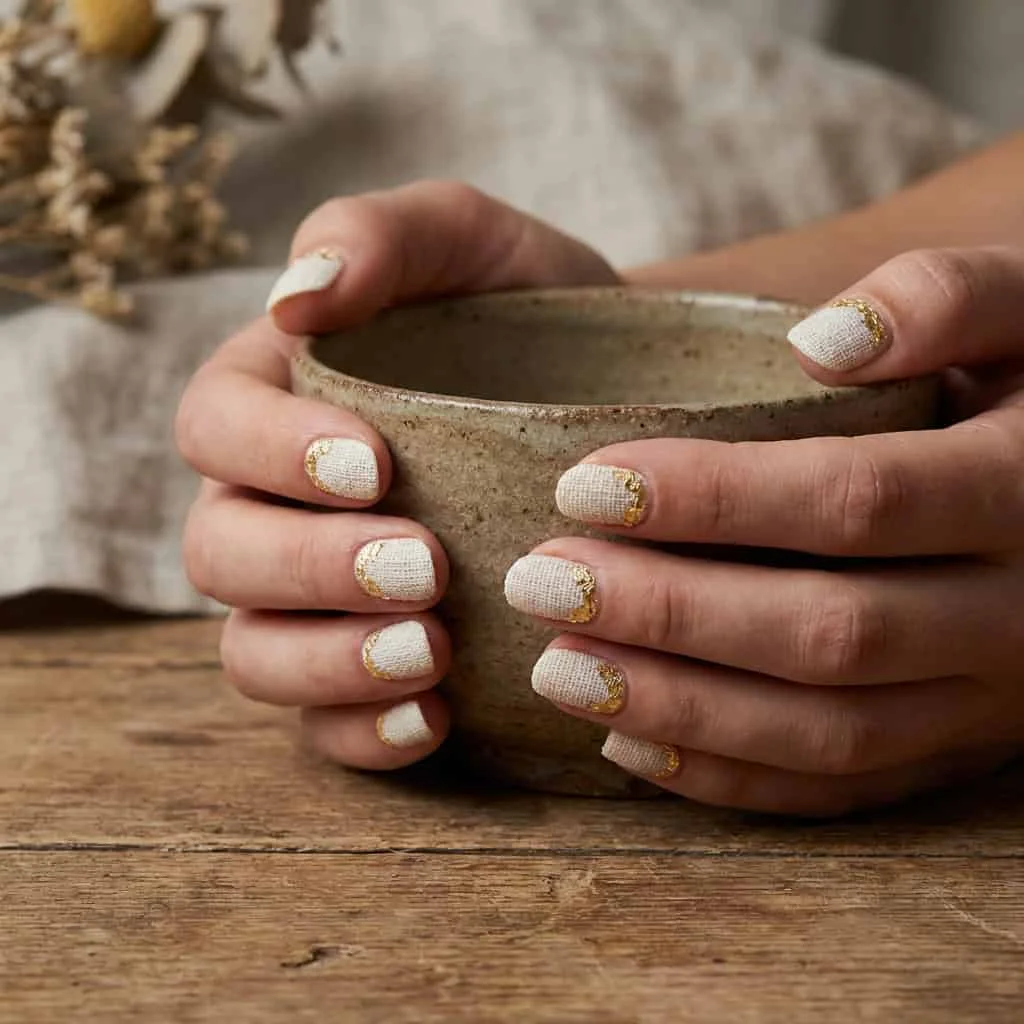 Textured, textured off-white linen colored nails with subtle touches of raw gold leaf at the base.