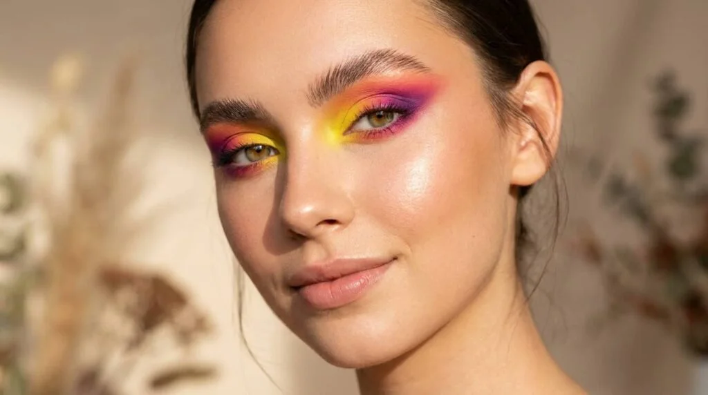 Beautiful woman wearing vibrant sunset colorful eye makeup looks