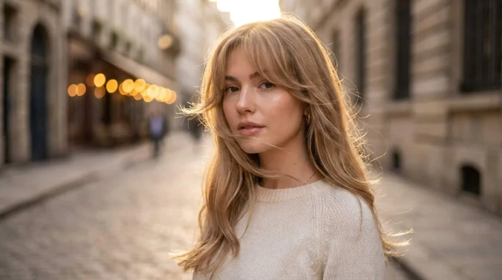 Effortless chic curtain bang haircuts styled in soft waves with a center part.