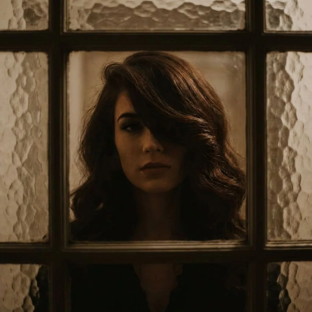 Dramatic deep side-parted sweeping curtain bangs cascading over one eye in sultry portrait.