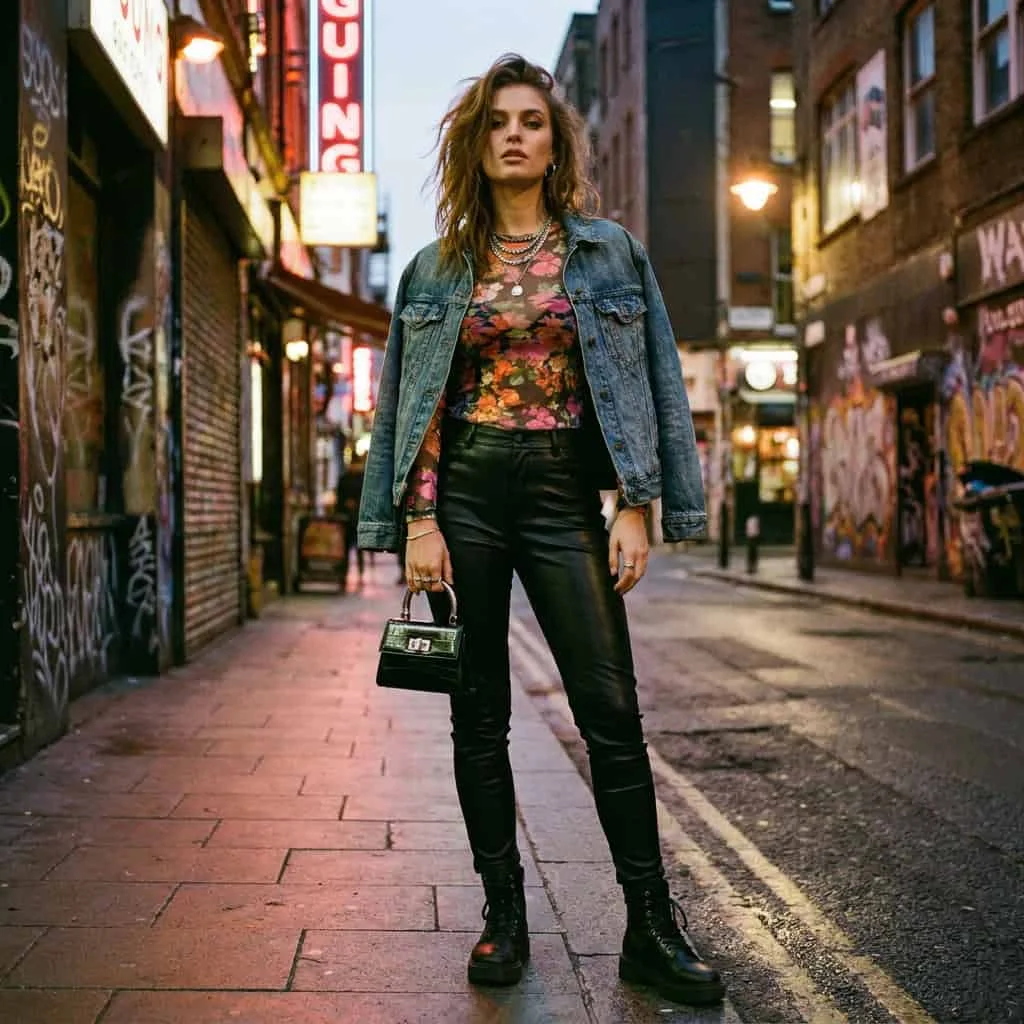Edgy black leather pants paired with a colorful sheer top
