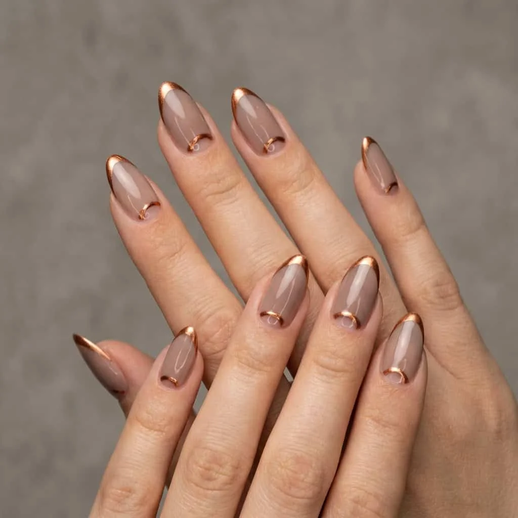 Architectural sheer taupe nails with a gleaming liquid copper cuticle line reverse French simple nail design.