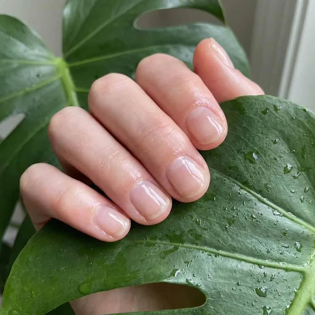 Natural highly buffed unpainted nails with an extreme dewdrop clear top coat radical minimal simple nail design touching a leaf.