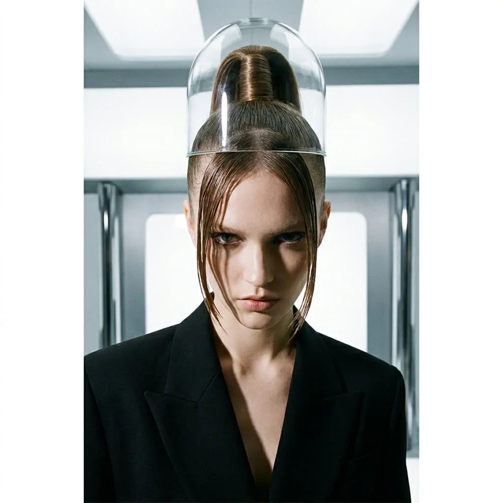 High sleek glass dome ponytail with sharp wet-look curtain bangs panels framing the face.