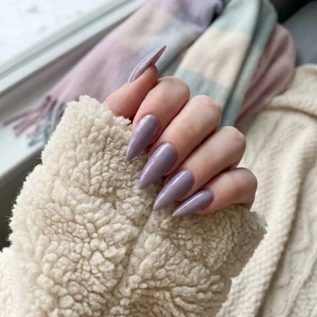 Lavender stiletto nails softening cozy fall winter outfits casual sherpa jackets.