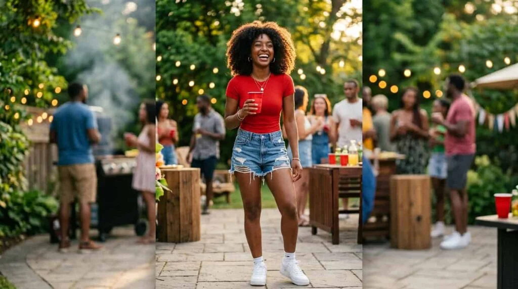 Black woman wearing red bodysuit and denim shorts at summer cookout