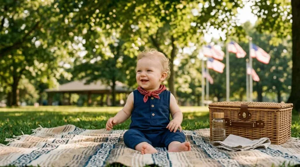 Chic baby wearing one of the best 4th of july outfits for infants