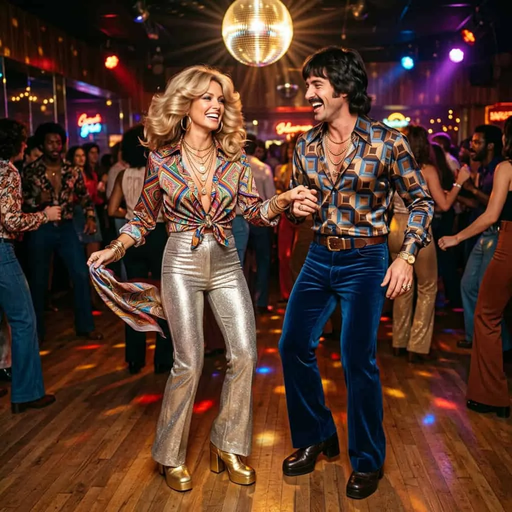 70s disco revival flared couples halloween costumes.