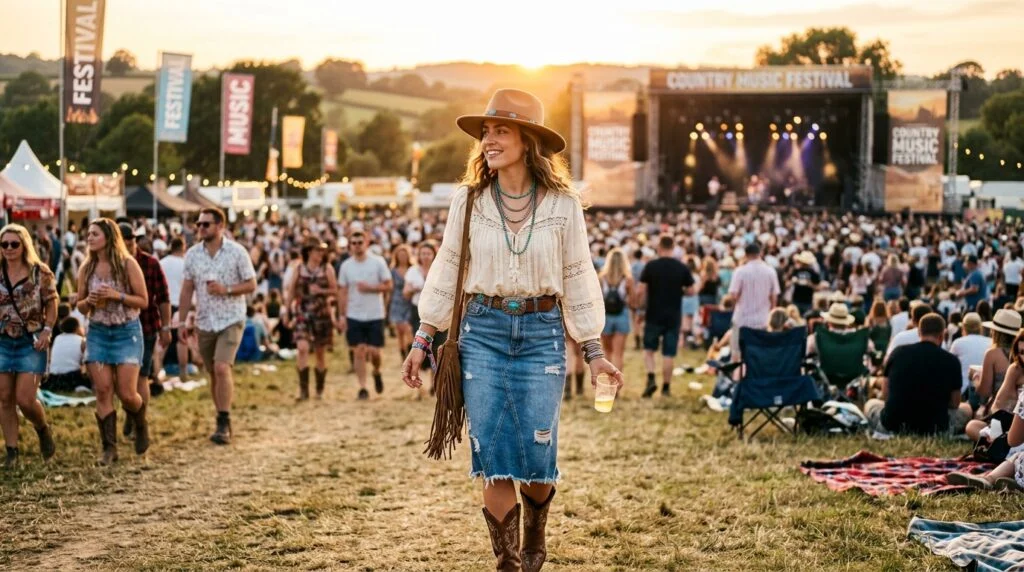 stylish woman at an outdoor country music festival during golden hour. She is wearing a chic boho-western