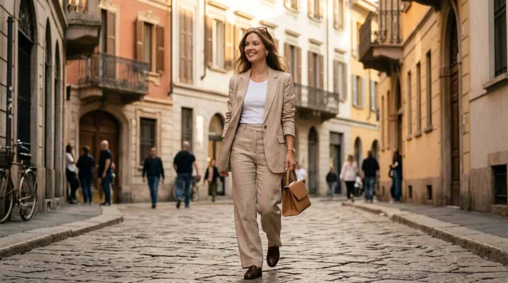A chic young woman walking down a sunlit Milanese cobblestone street wearing a relaxed, tailored beige linen power suit over a white ribbed tank top. She has a natural, effortless 'clean girl' makeup look, soft blowout hair. Warm golden hour lighting casting soft shadows. She holds a minimalist structural leather top-handle bag. Background is softly blurred historical Italian architecture. Cinematic, high-fashion editorial, quiet luxury aesthetic,