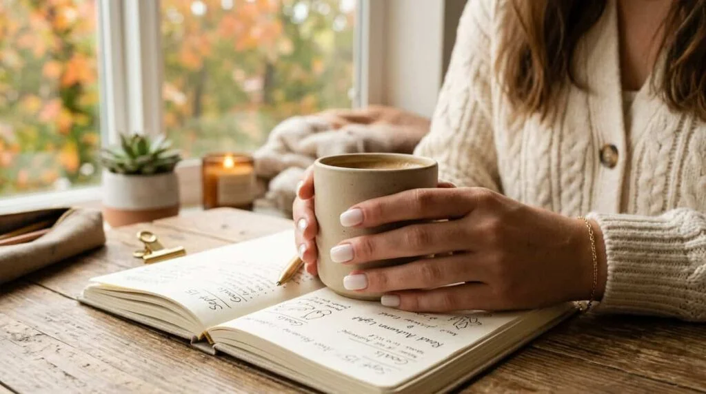 Beautiful glossy milky white back to school nails holding a coffee cup.