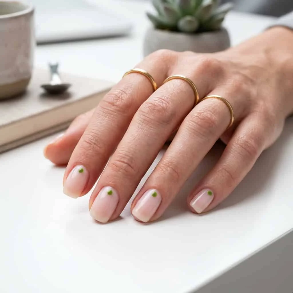 Minimalist tiny matcha green micro dots on bare nails.