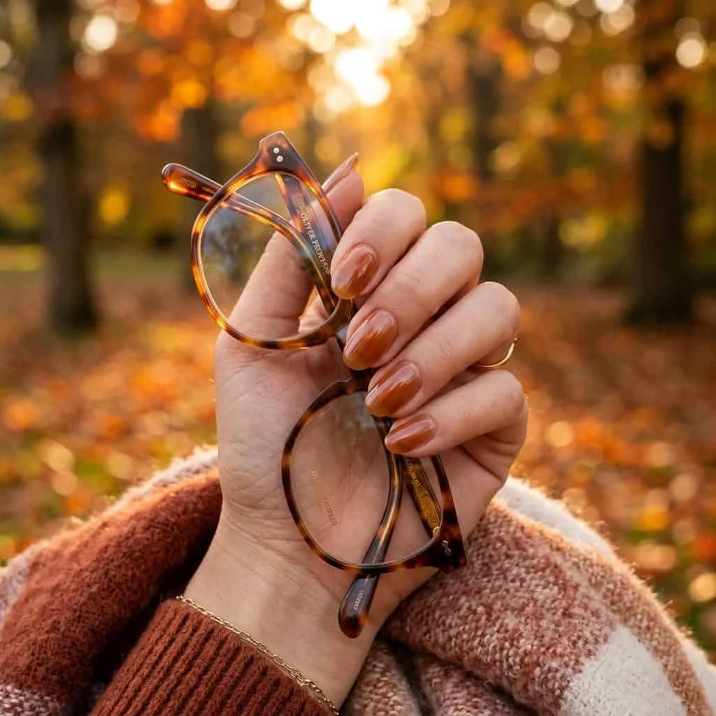 Warm translucent caramel jelly back to school nails autumn.