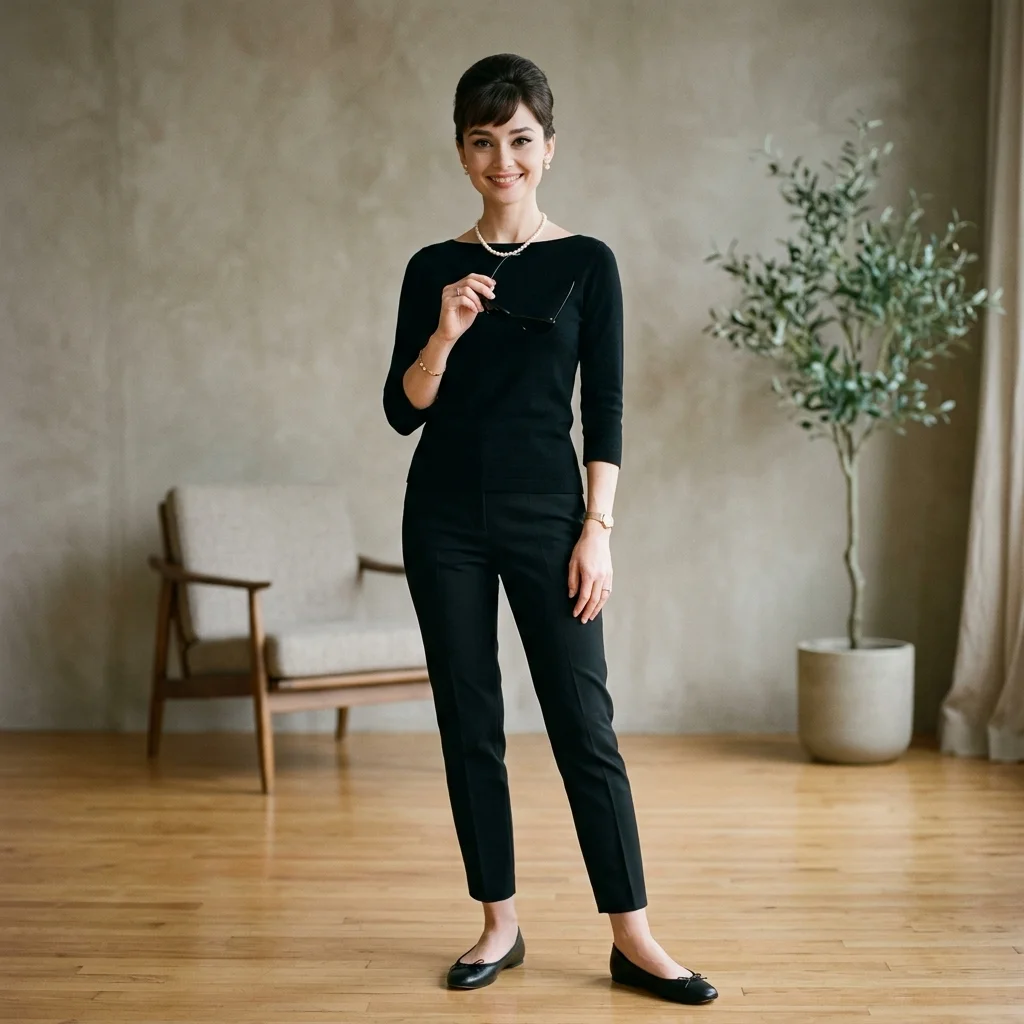 Boatneck top and cigarette pants showing the minimalist Italian aesthetic.