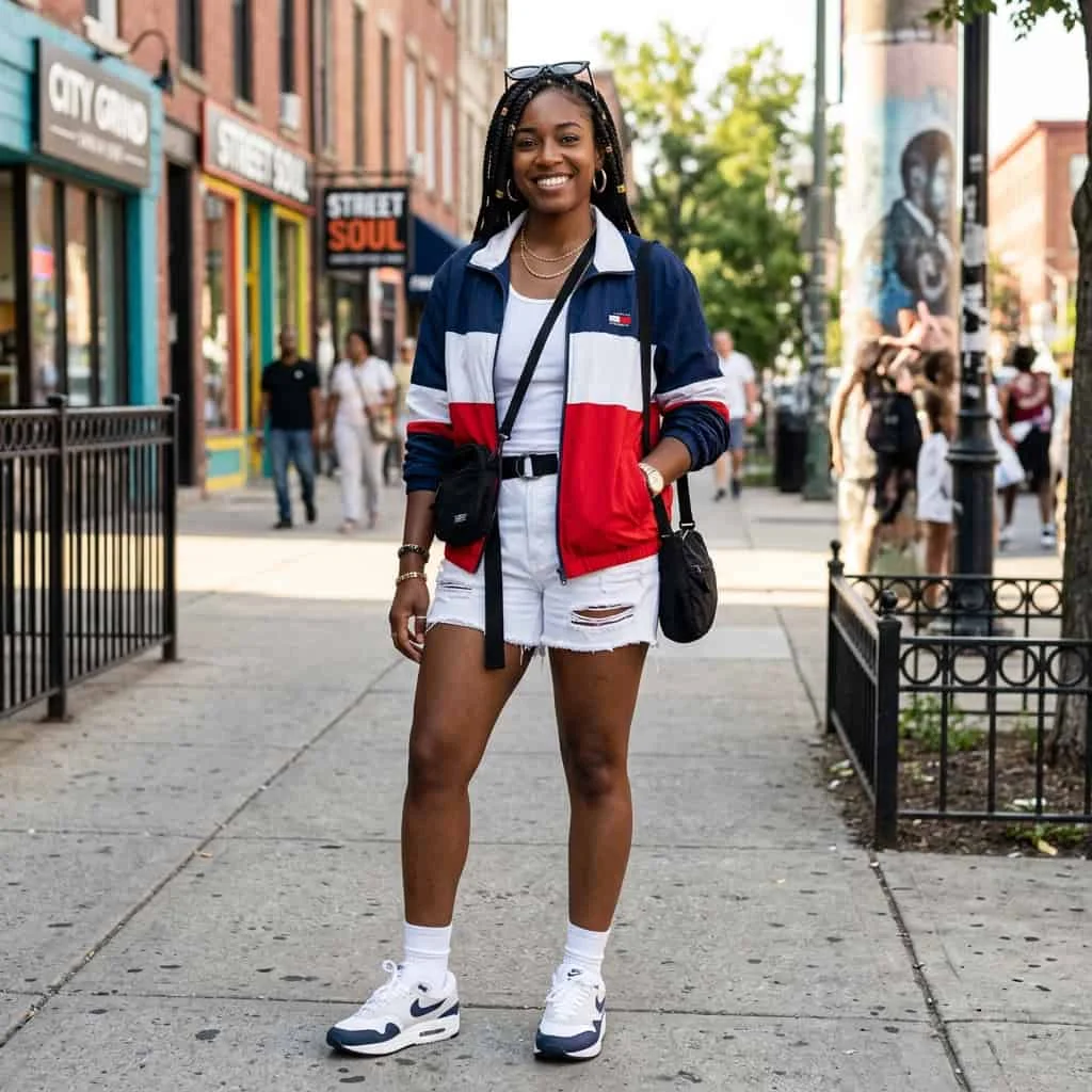 Retro color blocked windbreaker with white distressed denim shorts.