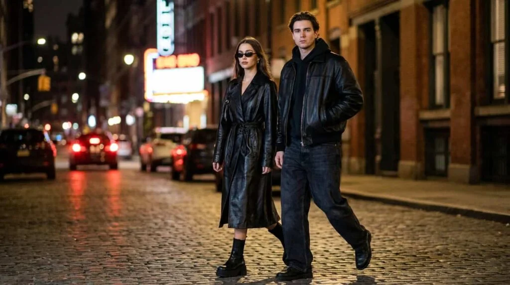 Couple wearing street chic matrix leather halloween costumes at night.