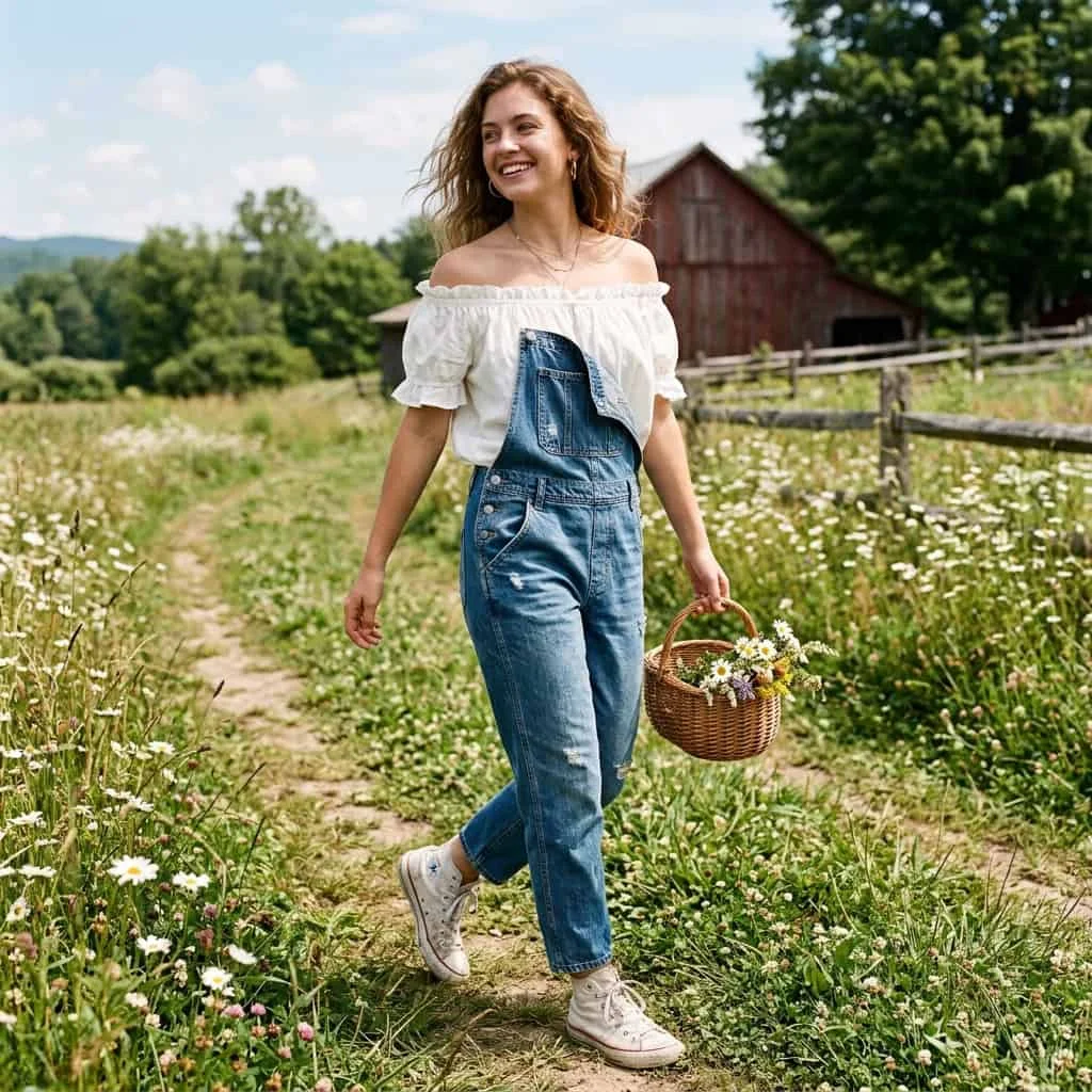 Denim overalls worn over a ruffled peasant blouse.
