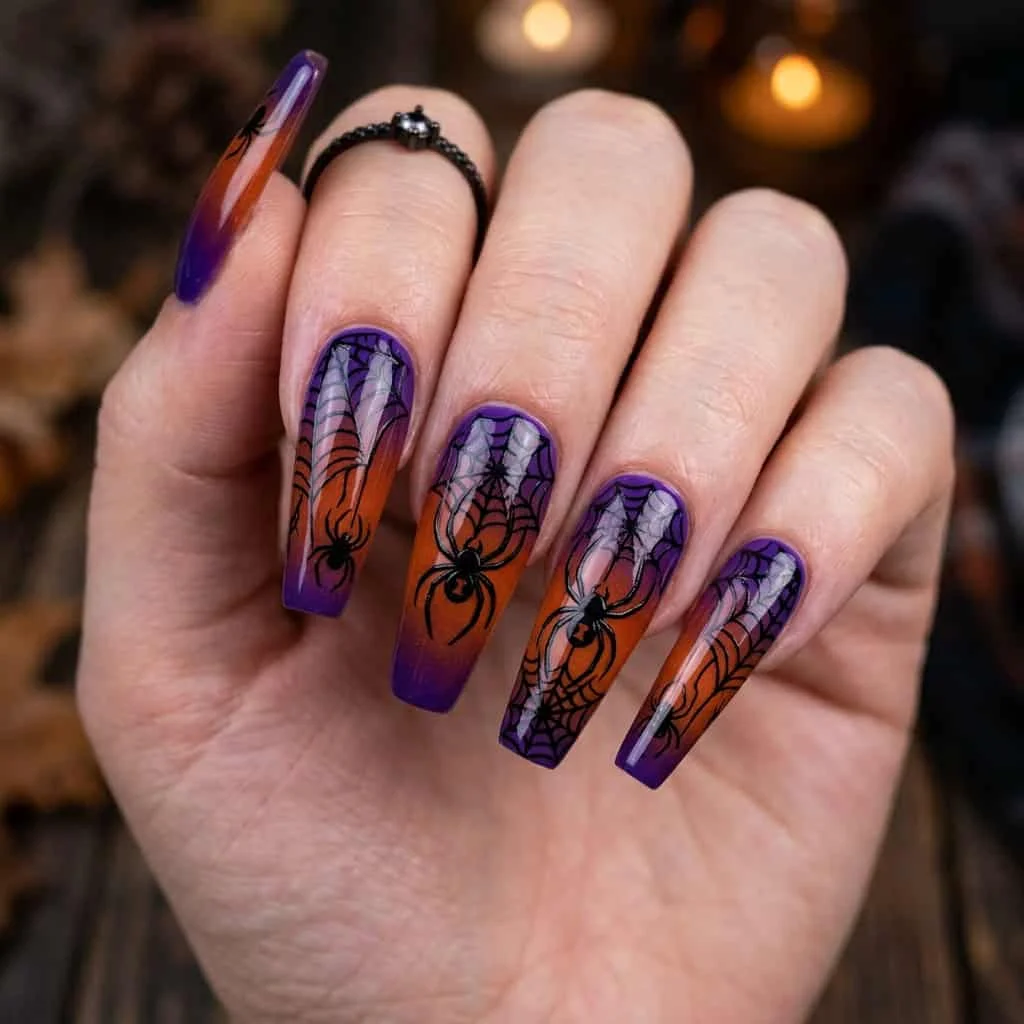 Orange and purple gradient nails featuring flawlessly stamped black spiders.