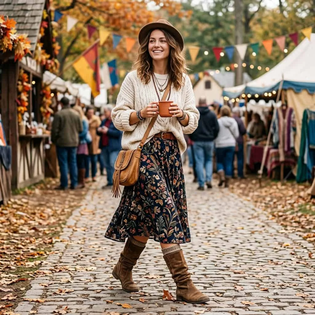 Slouchy knit sweater and floral midi skirt festival