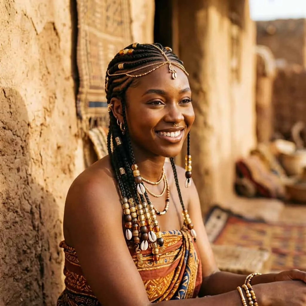 Fulani-inspired cornrows with gold accessories and forward-hanging braid on Black woman.