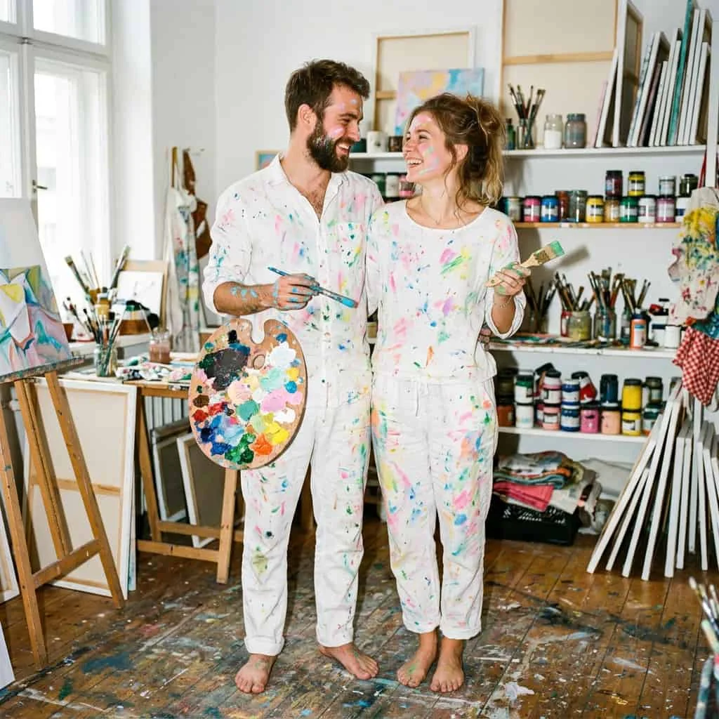 A couple wearing paint-splattered white clothes for minimalist artistic couple costumes.