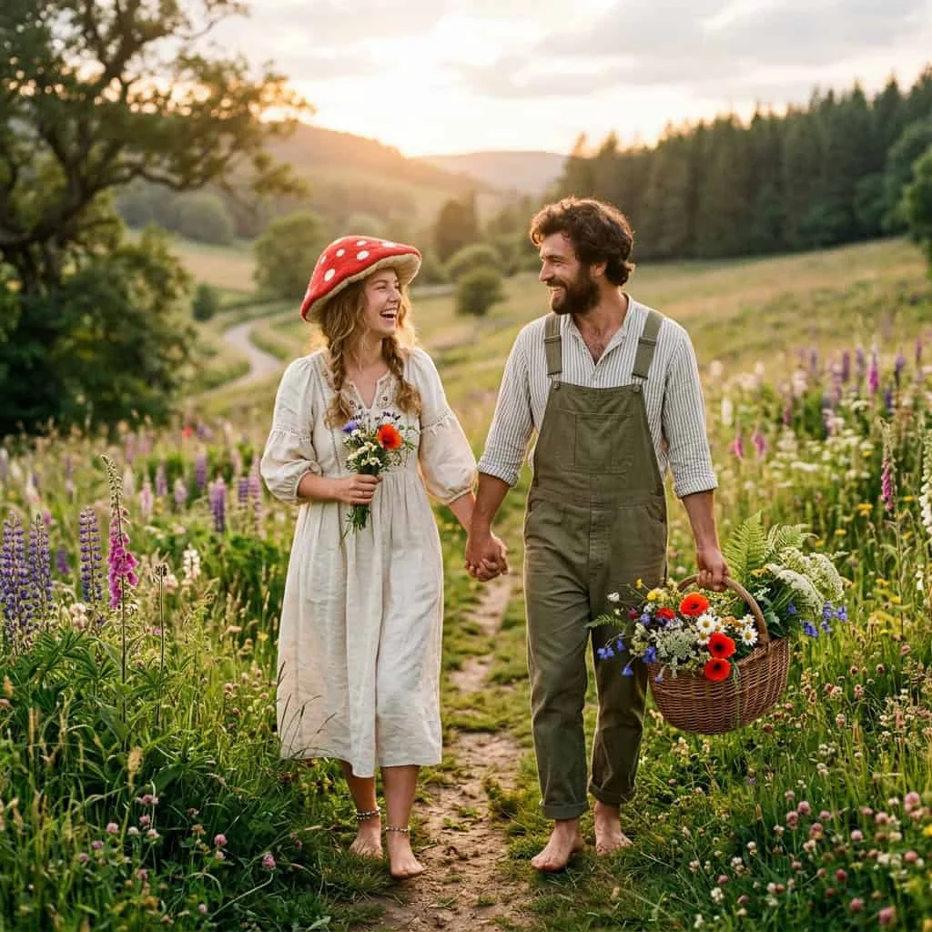 A couple dressed in cottagecore mushroom and forager outfits for matching halloween costumes.