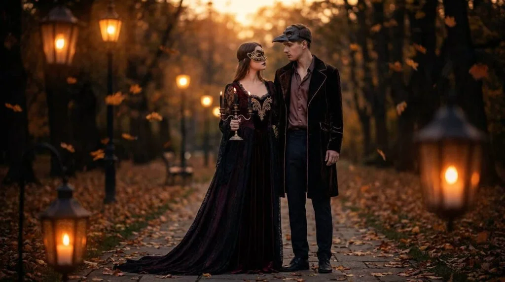 A stylish young couple posing in coordinated luxury modern gothic matching couple halloween costumes.