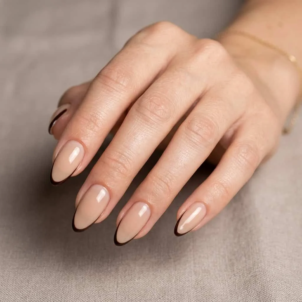 Thin espresso brown borders using nail polish on gel