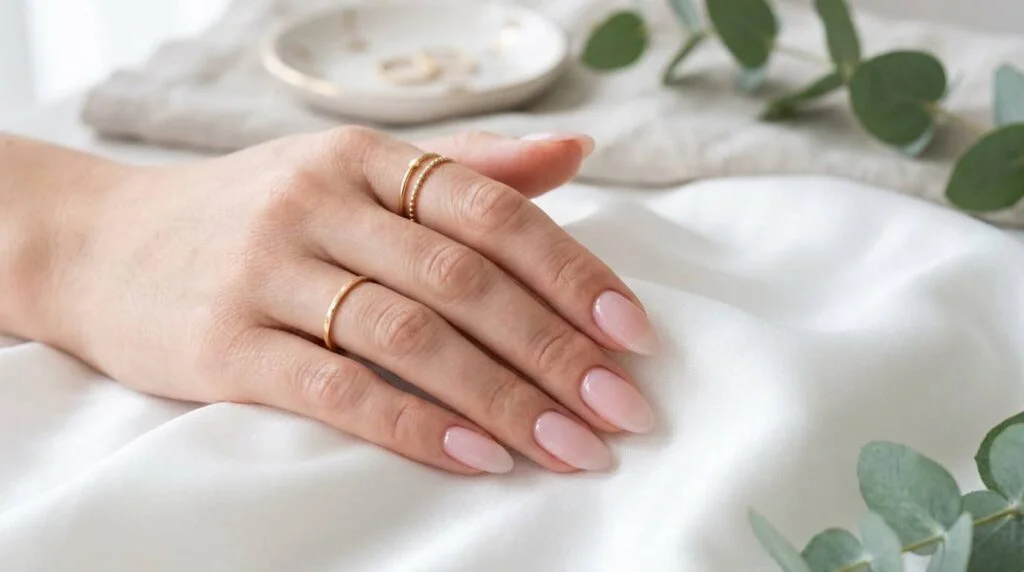 Beautiful hands with sheer pink nail polish on gel