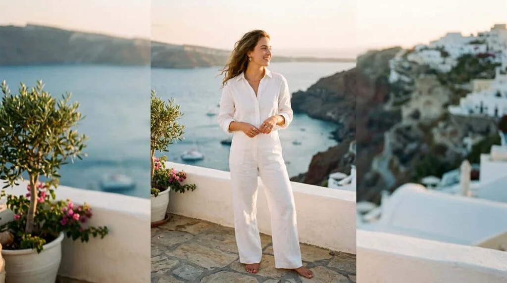Woman wearing old money summer fashion linen set on sunlit coastal terrace