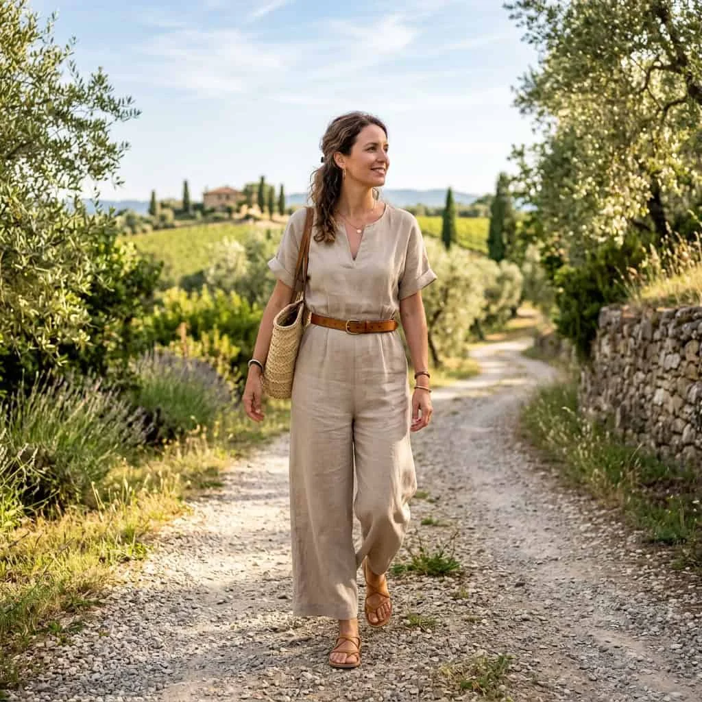 Woman in a neutral linen jumpsuit with a leather belt and straw bag walking on a rural path
