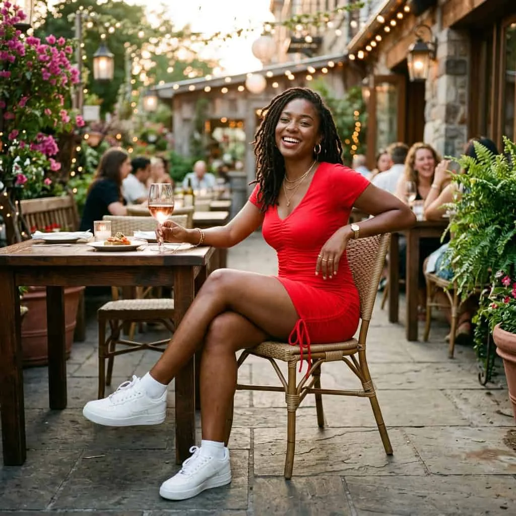 Red ruched drawstring dress styled with fresh white sneakers.
