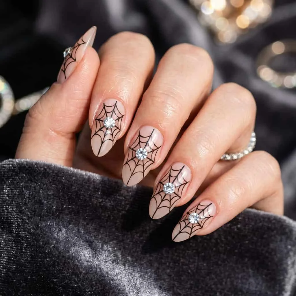 Sheer nails with black webs and sparkling crystal rhinestone centers.
