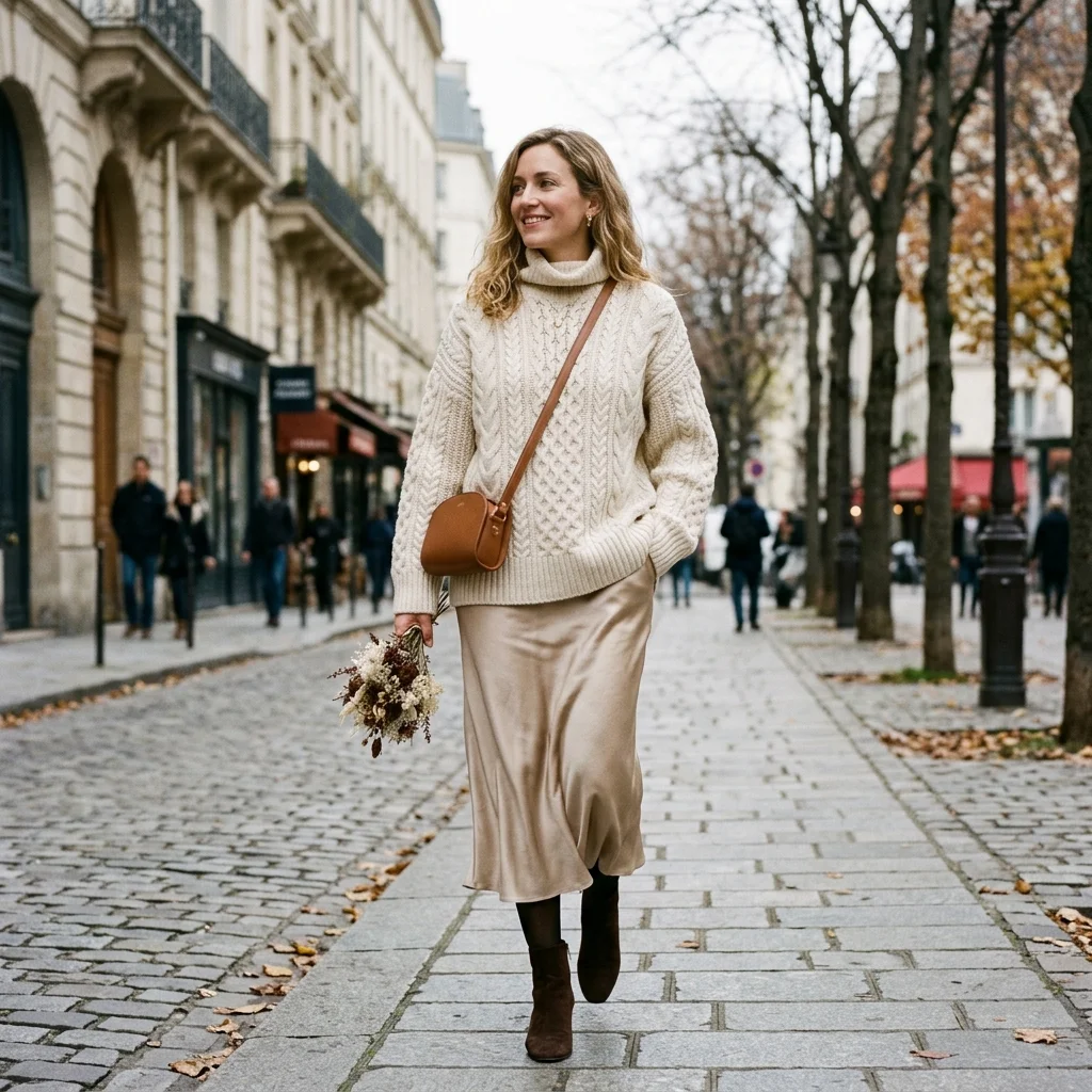  Satin skirt and chunky sweater combination for cozy Italy fashion.