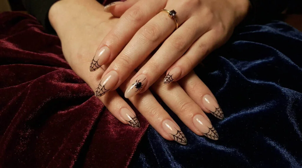 Close up of elegant spider nails featuring subtle black webs on a nude base.