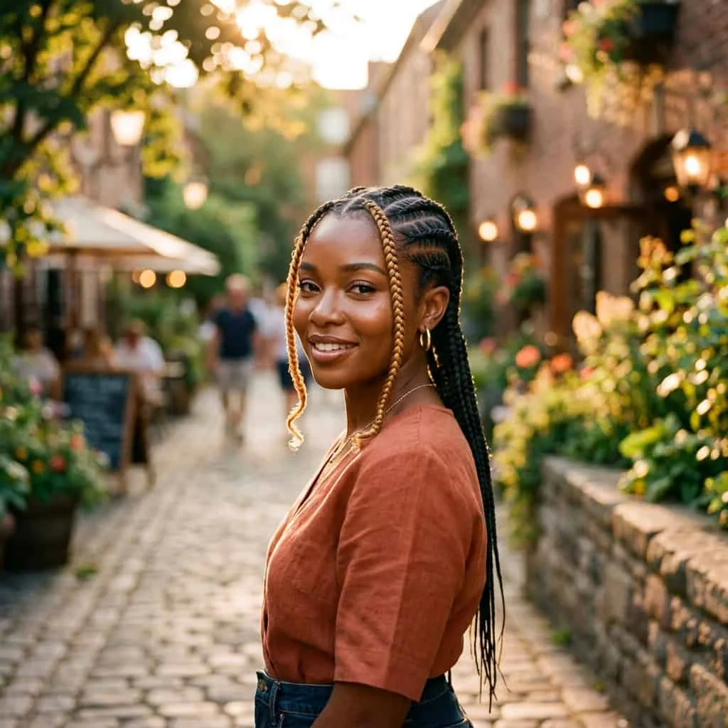 Cornrows flowing into a full, high voluminous ponytail on Black woman.