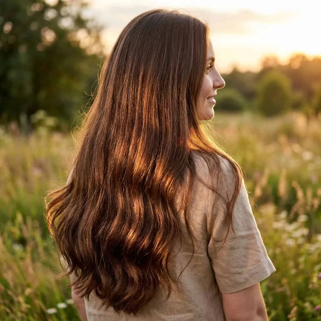 Rich dense long brunette hair radiating internal warmth with amber glow color.