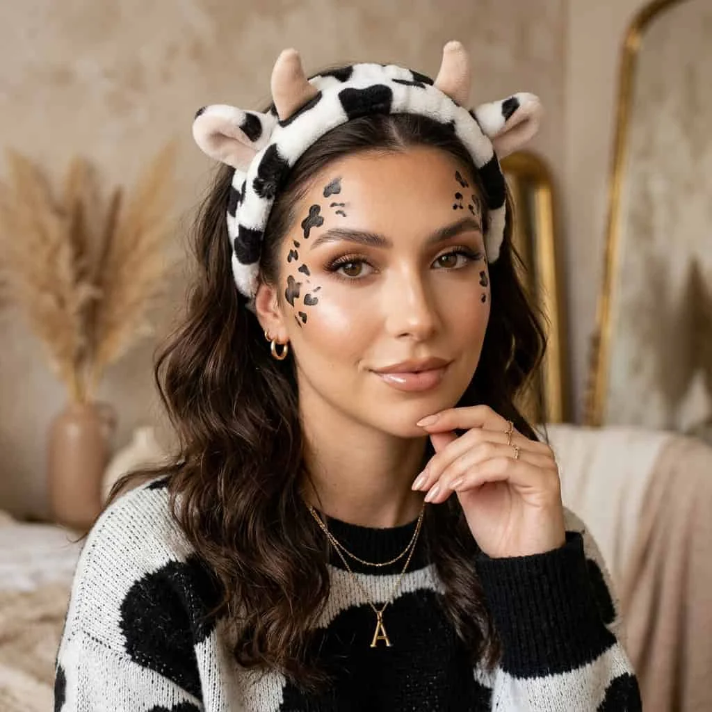 Cute coquette makeup with tiny pink bows and cow spots