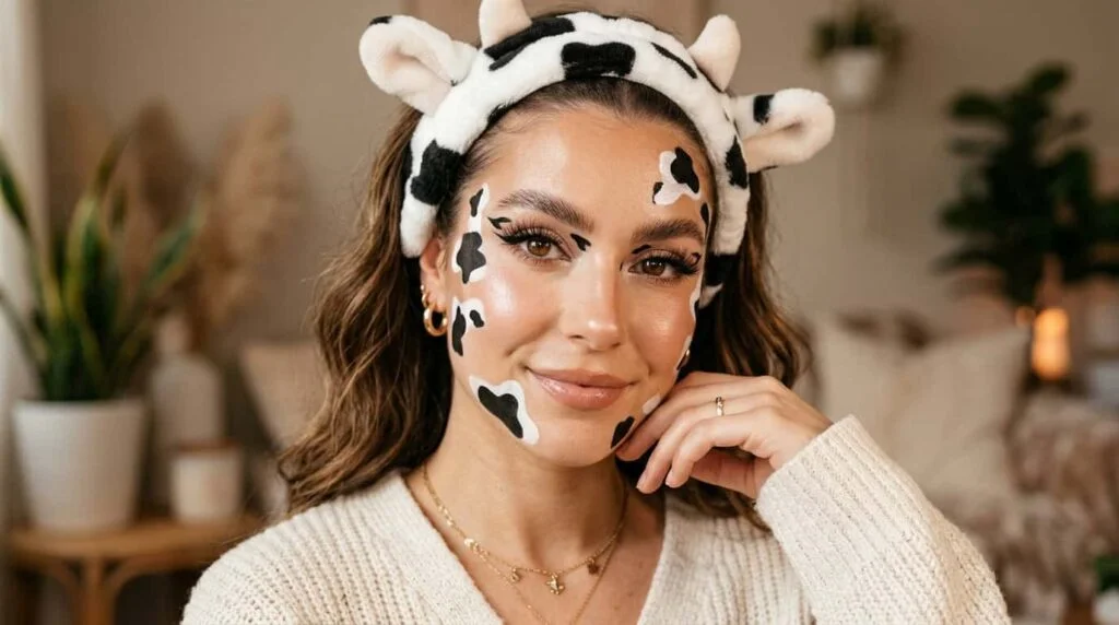 Beautiful woman showing a soft glam cow makeup face look